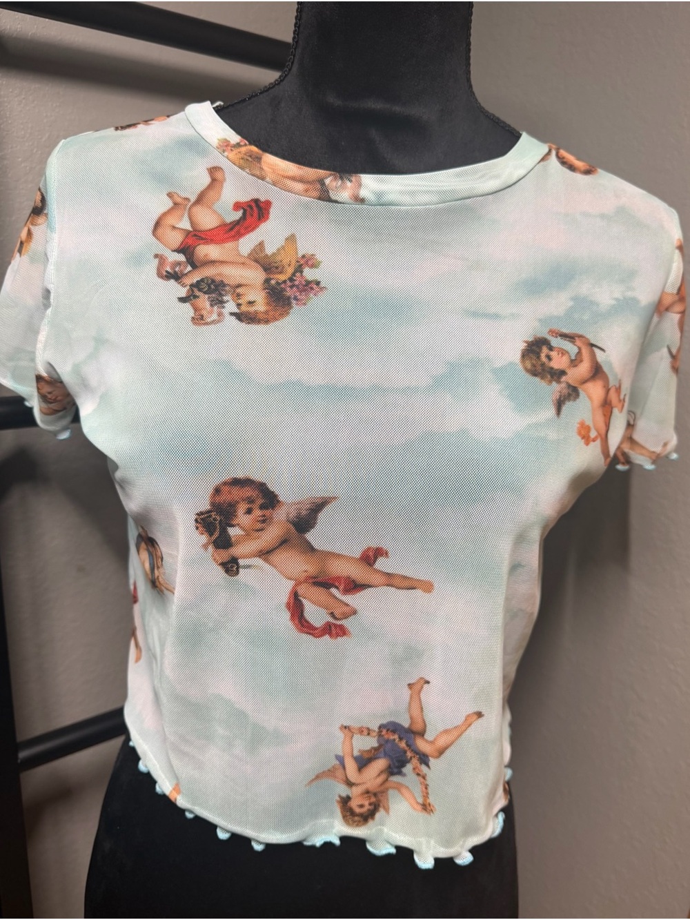 G Mini Light Blue Mesh Cherub Print Tee